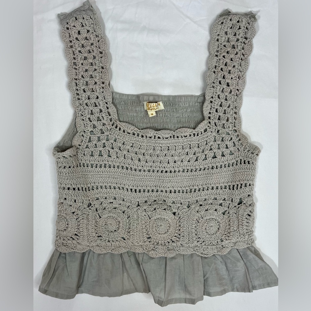 Rebellion Again Taupe Boho Crochet Cotton Ruched Top Shirt Women’s Medium